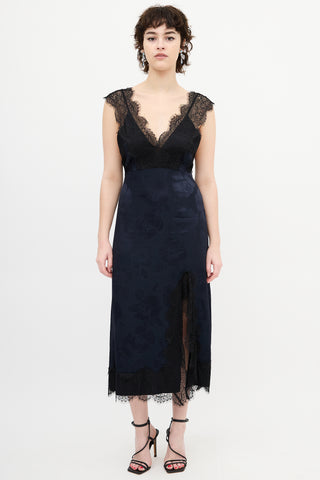 Rachel Comey Navy Floral Satin & Black Lace Dress