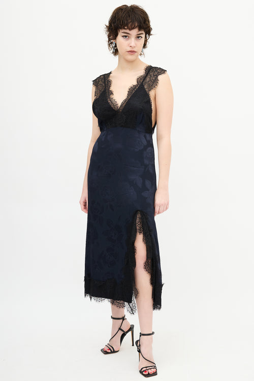 Rachel Comey Navy Floral Satin & Black Lace Dress