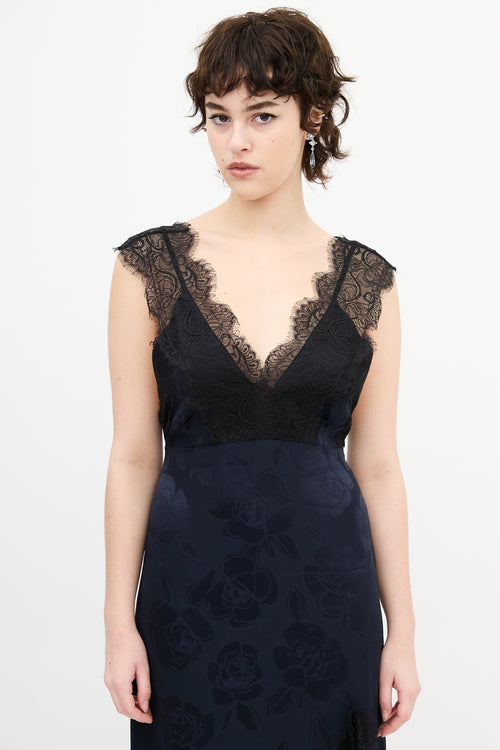 Rachel Comey Navy Floral Satin & Black Lace Dress