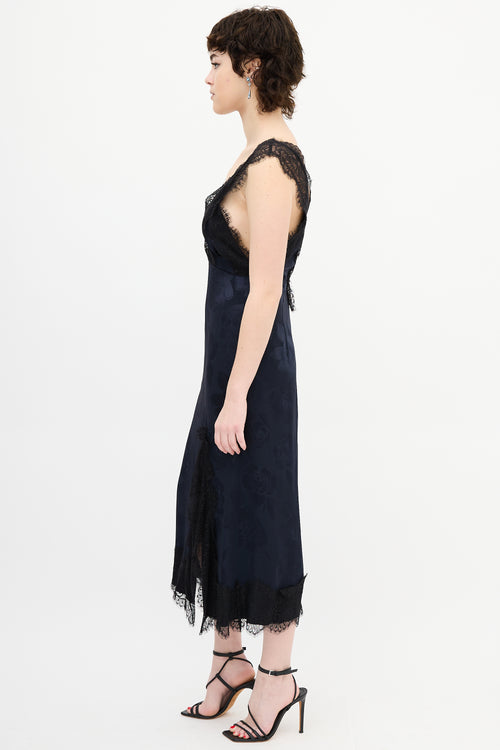 Rachel Comey Navy Floral Satin & Black Lace Dress