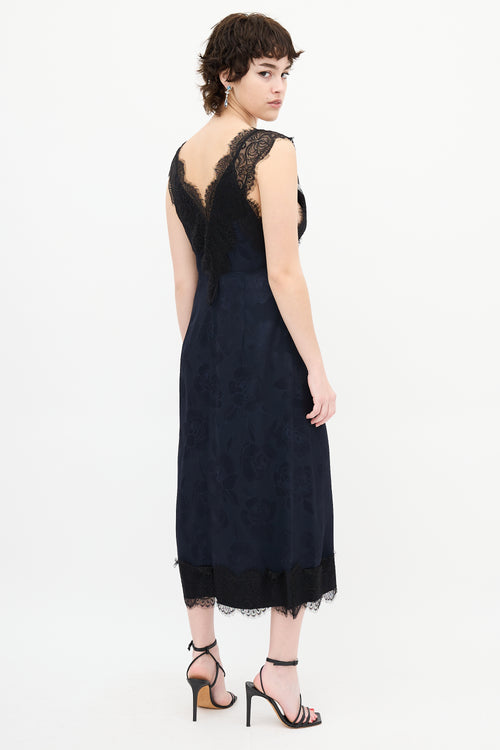 Rachel Comey Navy Floral Satin & Black Lace Dress