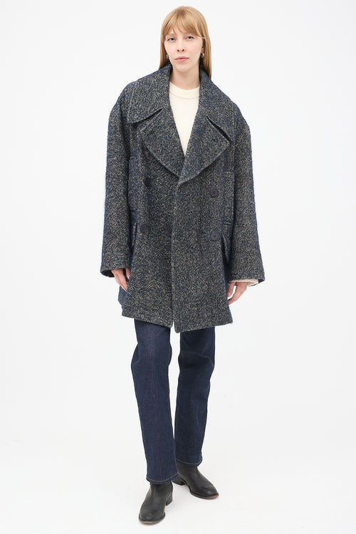 Raey Navy & Grey Linen & Wool Tweed Oversized Pea Coat