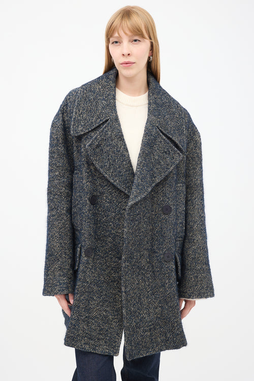 Raey Navy & Grey Linen & Wool Tweed Oversized Pea Coat