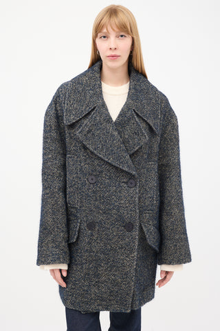 Raey Navy & Grey Linen & Wool Tweed Oversized Pea Coat