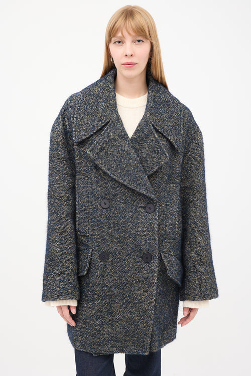 Raey Navy & Grey Linen & Wool Tweed Oversized Pea Coat