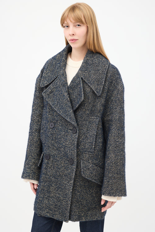 Raey Navy & Grey Linen & Wool Tweed Oversized Pea Coat