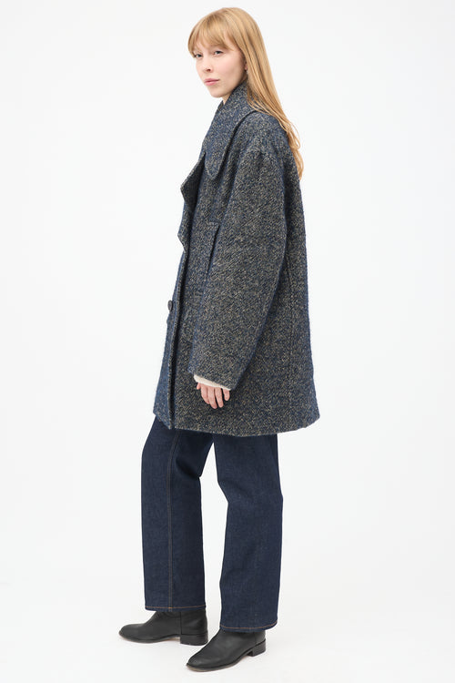 Raey Navy & Grey Linen & Wool Tweed Oversized Pea Coat