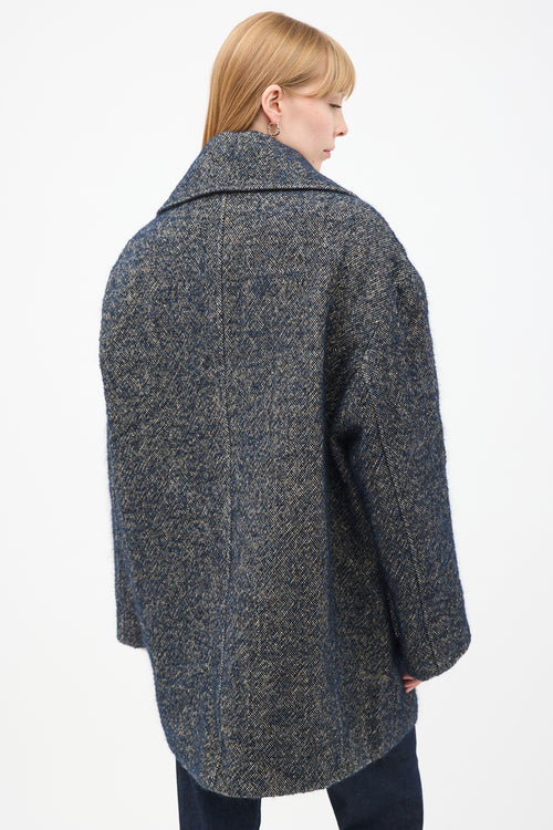 Raey Navy & Grey Linen & Wool Tweed Oversized Pea Coat