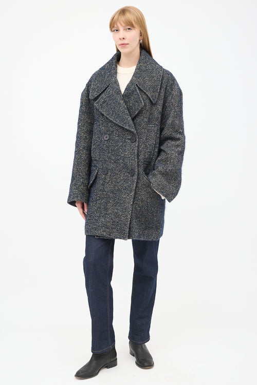 Raey Navy & Grey Linen & Wool Tweed Oversized Pea Coat