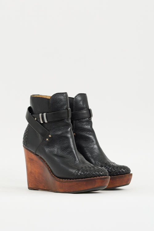 Rag & Bone Black & Brown Leather Emery Woven Wedge Boot