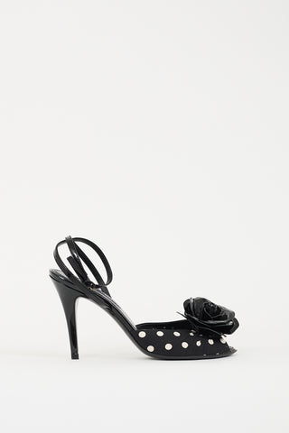 Ralph Lauren Black Patent Leather & White Polka Dotted Rose Heel