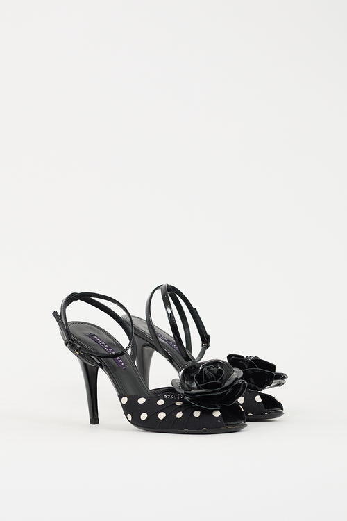 Ralph Lauren Black Patent Leather & White Polka Dotted Rose Heel