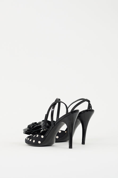 Ralph Lauren Black Patent Leather & White Polka Dotted Rose Heel