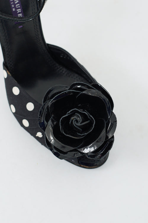 Ralph Lauren Black Patent Leather & White Polka Dotted Rose Heel