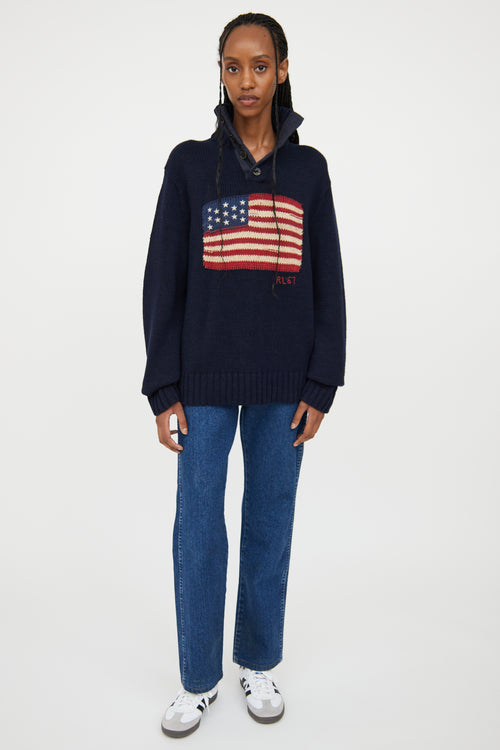 Ralph Lauren Polo Navy Knit Henley Flag Sweater