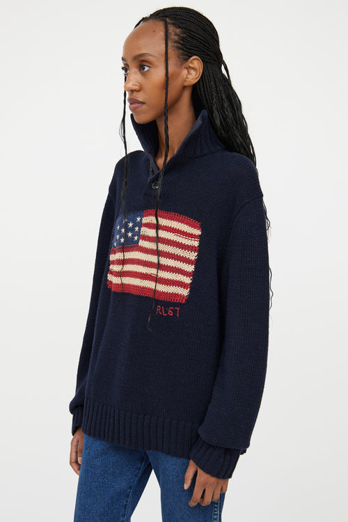 Ralph Lauren Polo Navy Knit Henley Flag Sweater