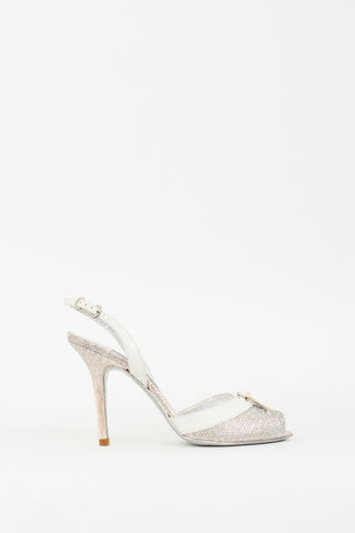 Ralph Lauren Silver & White Embossed Leather Peep Toe Pump