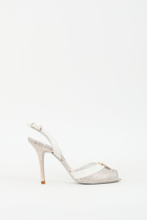 Ralph Lauren Silver & White Embossed Leather Peep Toe Pump