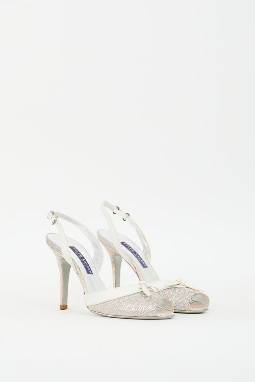 Ralph Lauren Silver & White Embossed Leather Peep Toe Pump