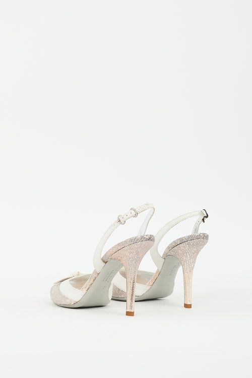 Ralph Lauren Silver & White Embossed Leather Peep Toe Pump