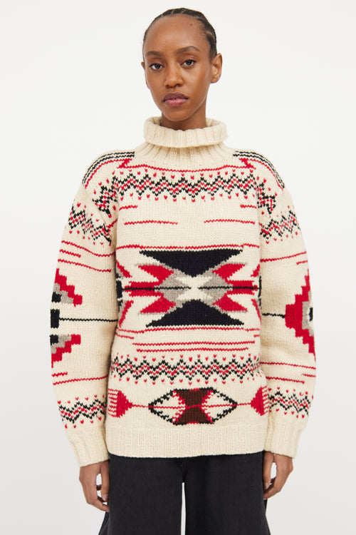 Cream & Multicolour Wool Knit Intarsia Sweater