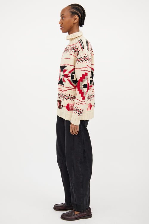 Cream & Multicolour Wool Knit Intarsia Sweater