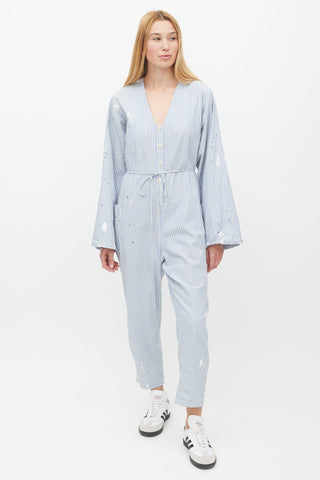 Raquel Allegra Blue & White Striped Distressed Jumpsuit