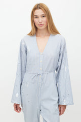 Raquel Allegra Blue & White Striped Distressed Jumpsuit