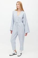 Raquel Allegra Blue & White Striped Distressed Jumpsuit