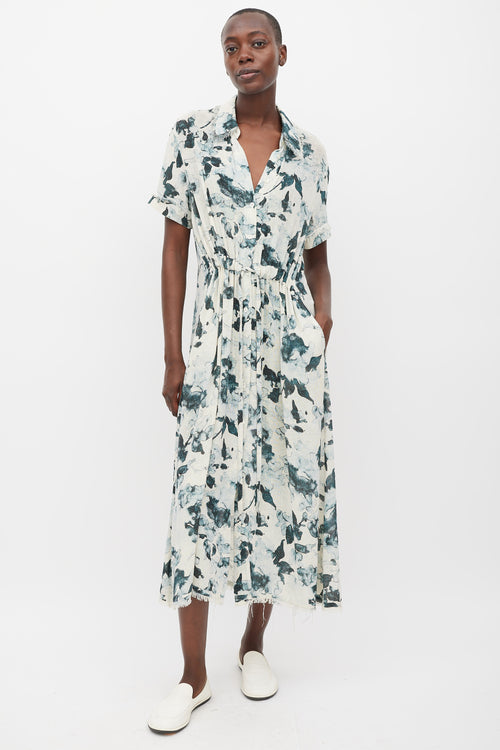 Raquel Allegra White & Blue Floral Silk Button Up Dress