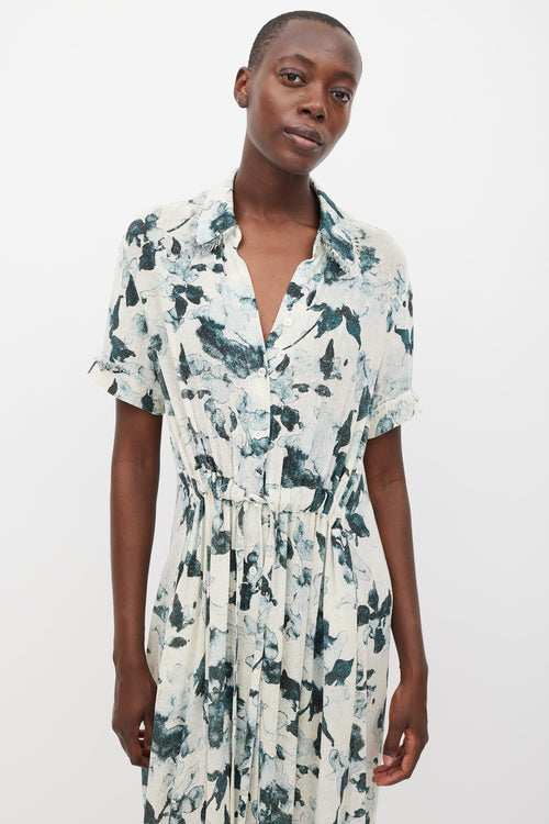 Raquel Allegra White & Blue Floral Silk Button Up Dress