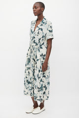 Raquel Allegra White & Blue Floral Silk Button Up Dress