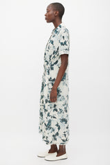 Raquel Allegra White & Blue Floral Silk Button Up Dress