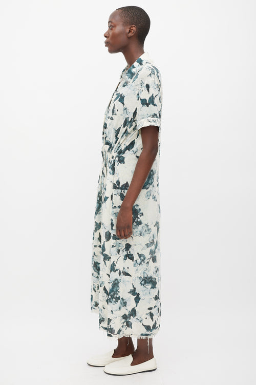 Raquel Allegra White & Blue Floral Silk Button Up Dress