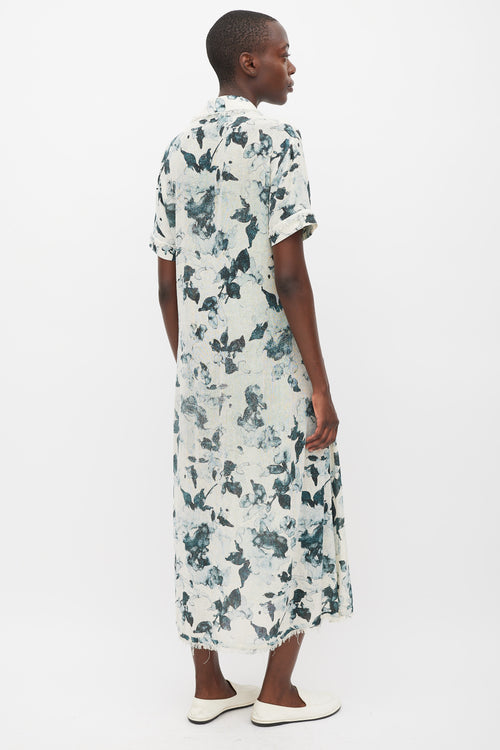 Raquel Allegra White & Blue Floral Silk Button Up Dress