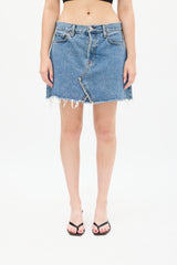 Re/Done Medium Wash Denim Raw Hem Mini Skirt