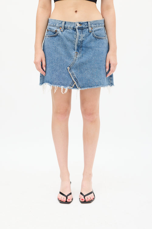 Re/Done Medium Wash Denim Raw Hem Mini Skirt