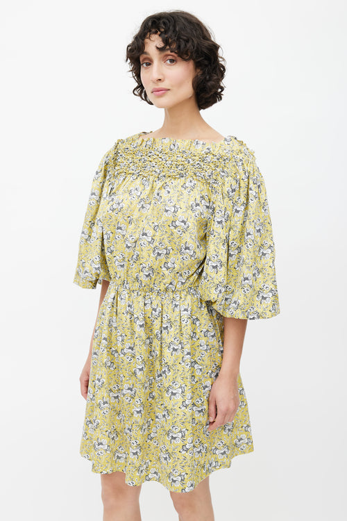 Rebecca Taylor Chartreuse Shirred Floral Dress