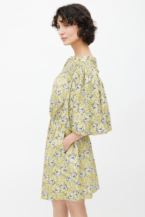 Rebecca Taylor Chartreuse Shirred Floral Dress