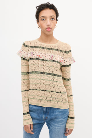 Red Valentino Beige & Multi Crochet Ruffle Sweater