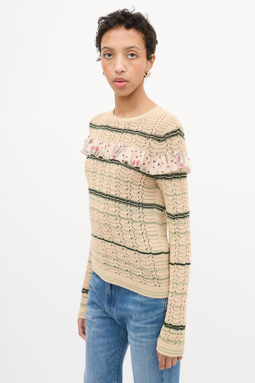 Red Valentino Beige & Multi Crochet Ruffle Sweater