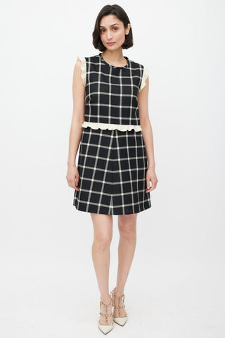 Red Valentino Black & Cream Wool Plaid Ruffled Dress
