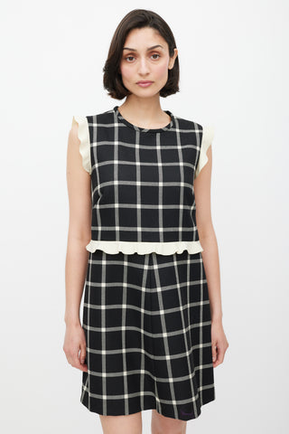 Red Valentino Black & Cream Wool Plaid Ruffled Dress