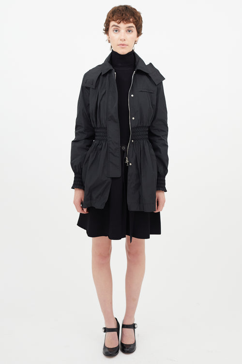 Red Valentino Black Hooded Smocked Nylon Jacket