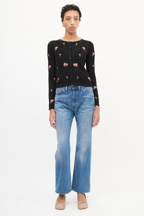 Red Valentino Black & Multi Floral Embroidered Cardigan