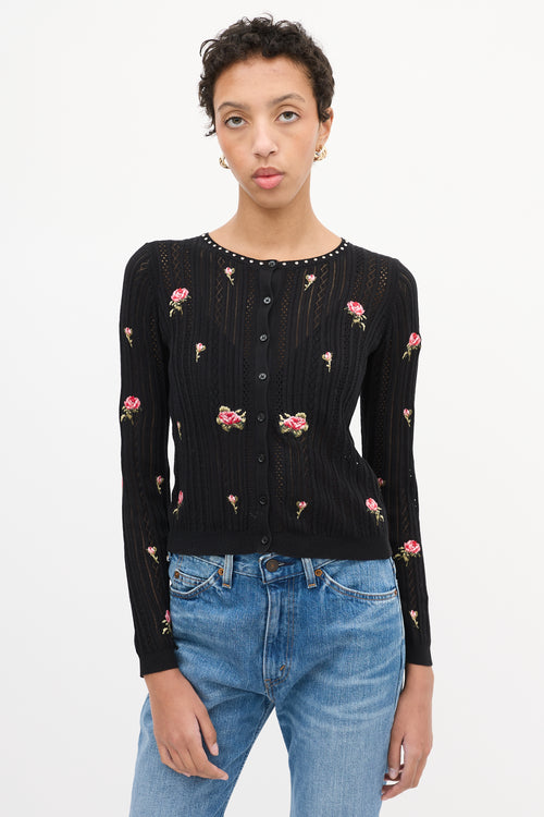 Red Valentino Black & Multi Floral Embroidered Cardigan