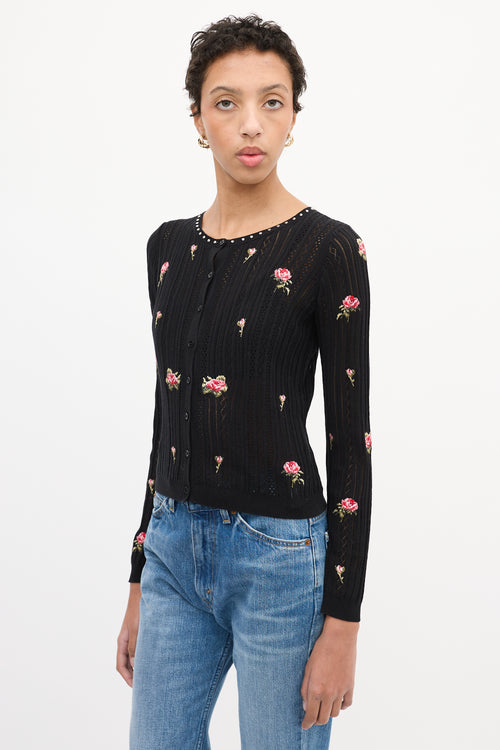 Red Valentino Black & Multi Floral Embroidered Cardigan