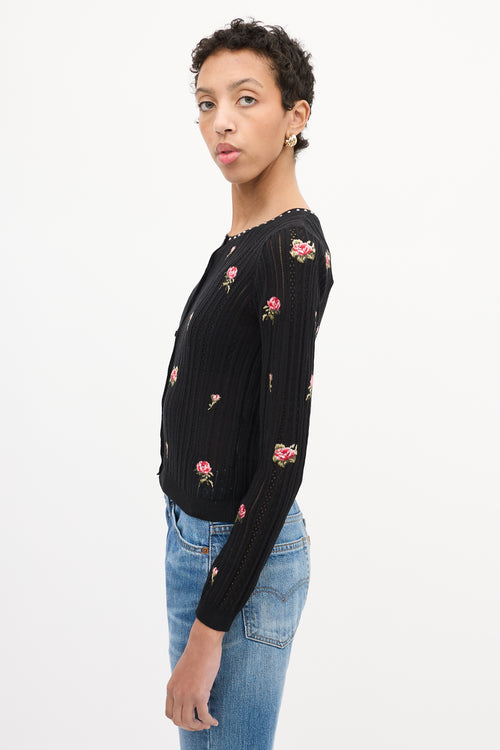 Red Valentino Black & Multi Floral Embroidered Cardigan