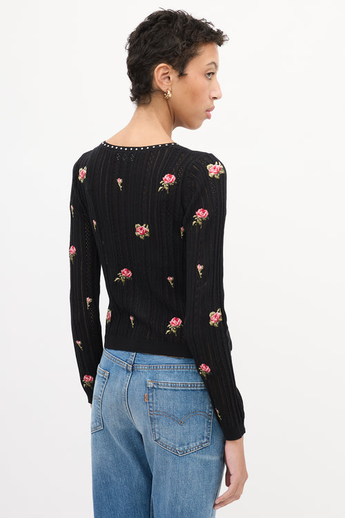 Red Valentino Black & Multi Floral Embroidered Cardigan