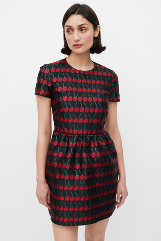 Red Valentino Black Red & Green Cherry Brocade Dress